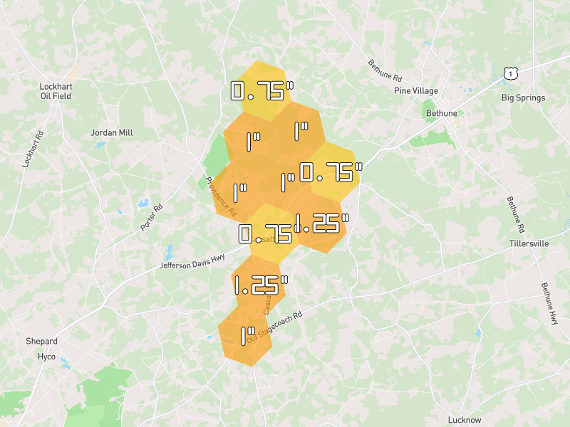 Hail map of Cassatt, SC on Jul 12, 2026, hail up to 1.25"