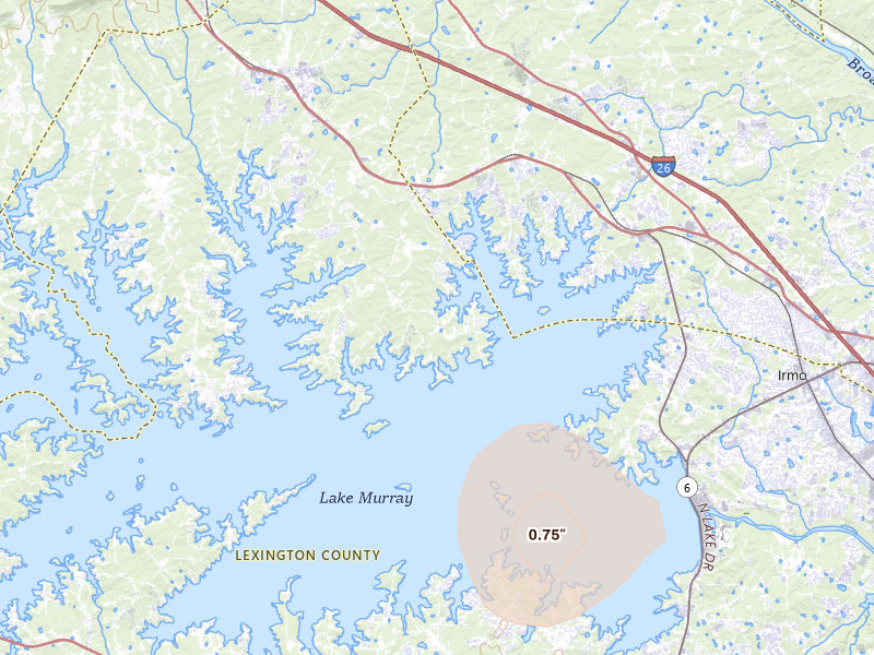 Radar-estimated hail-size map of the storm over Chapin, SC on Jul 6, 2026