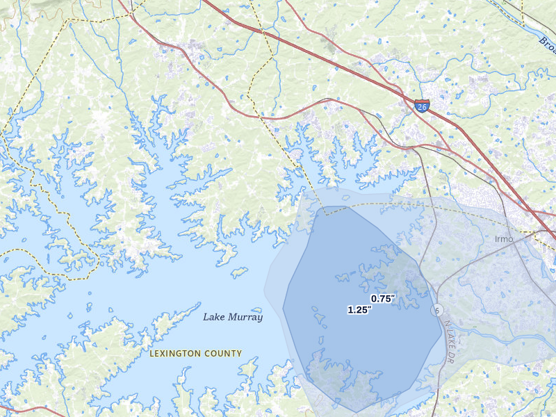 NEXRAD radar-signature map of the hail storm over Chapin, SC on Jul 6, 2026