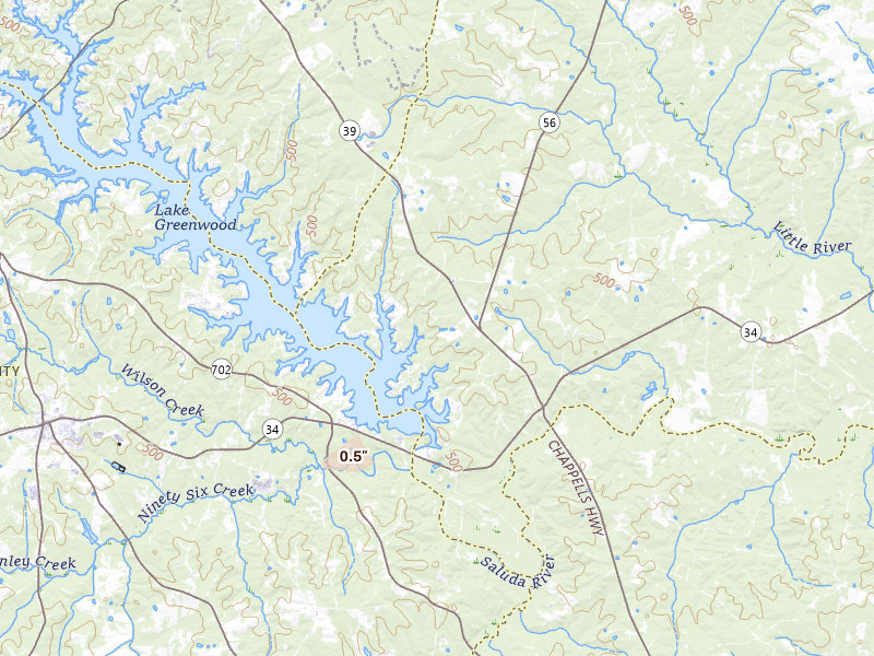 Radar-estimated hail-size map of the storm over Chappells, SC on Jul 2, 2026