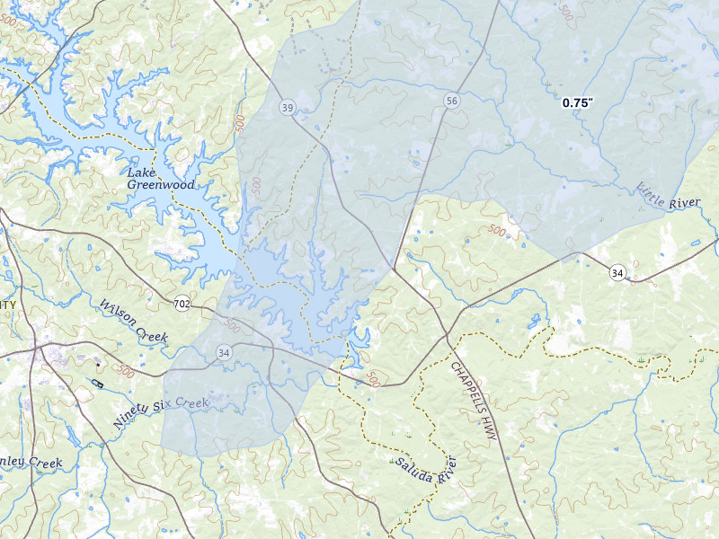 NEXRAD radar-signature map of the hail storm over Chappells, SC on Jul 2, 2026