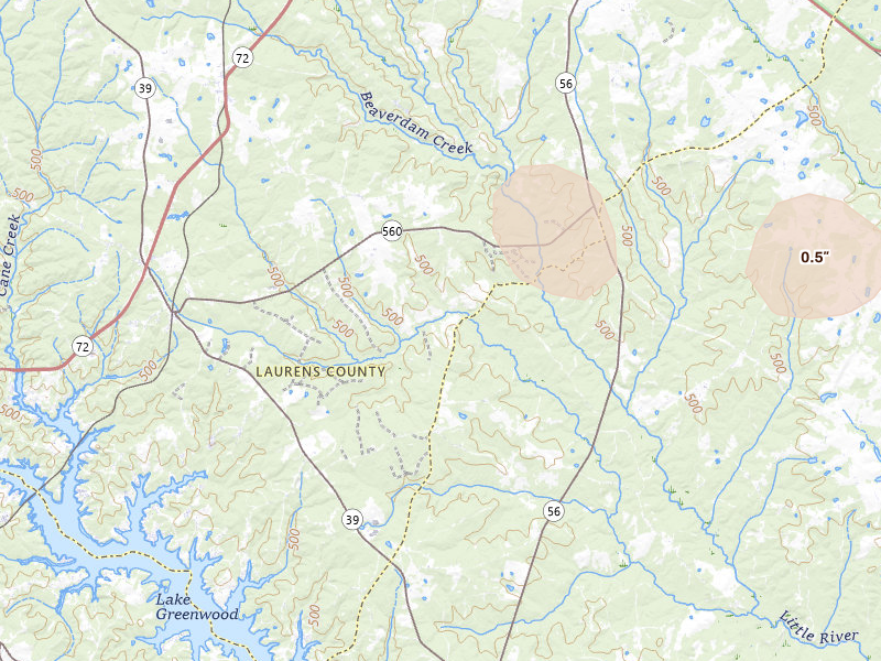 Radar-estimated hail-size map of the storm over Chappells, SC on Aug 11, 2026