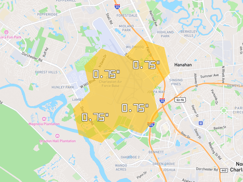 Hail map of Charleston AFB, SC on Jul 5, 2026, hail up to 0.75"