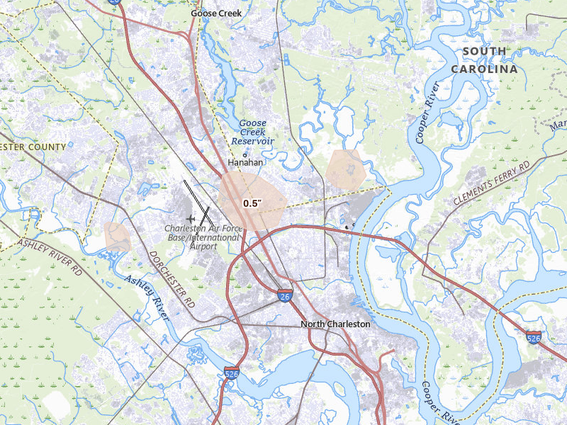 Radar-estimated hail-size map of the storm over Charleston, SC on Apr 29, 2026