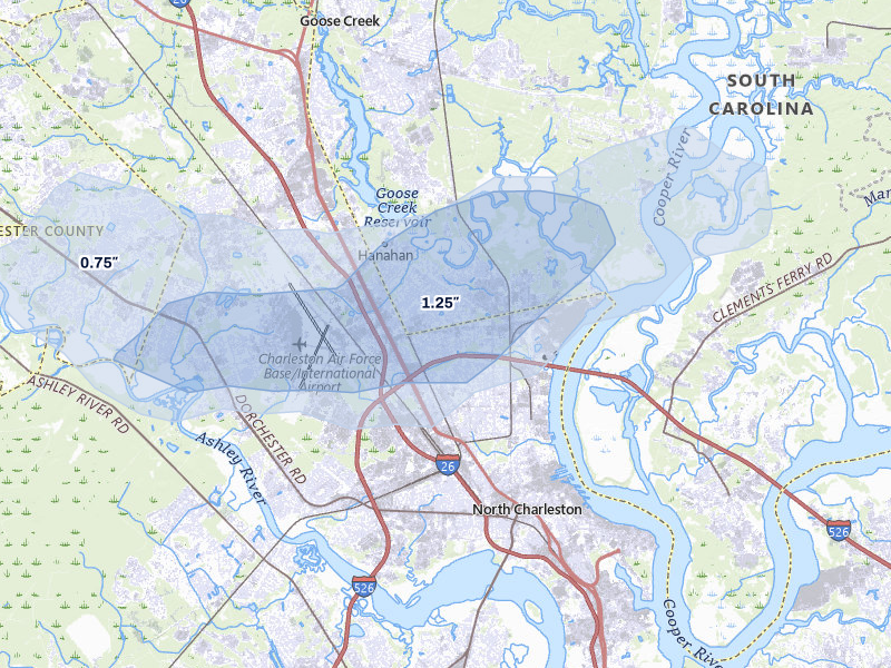 NEXRAD radar-signature map of the hail storm over Charleston, SC on Apr 29, 2026
