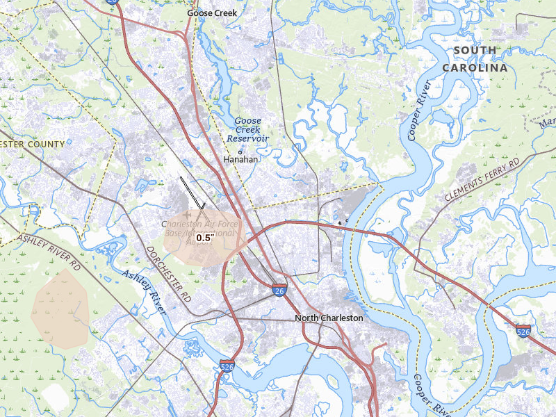 Radar-estimated hail-size map of the storm over Charleston, SC on Jul 5, 2026