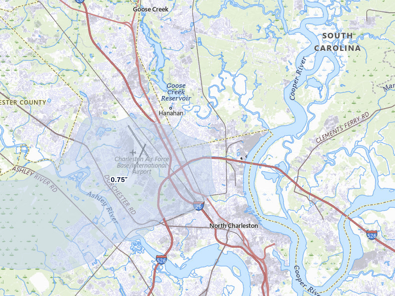 NEXRAD radar-signature map of the hail storm over Charleston, SC on Jul 5, 2026