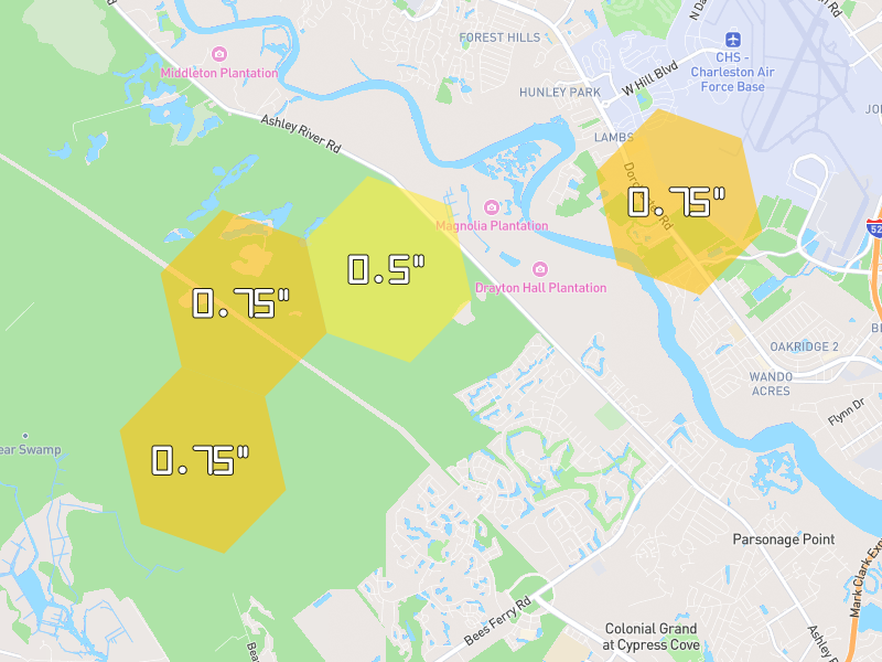 Hail map of Charleston, SC on Jul 5, 2026, hail up to 0.75"