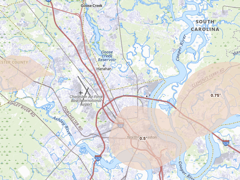 Radar-estimated hail-size map of the storm over Charleston, SC on Jul 8, 2026