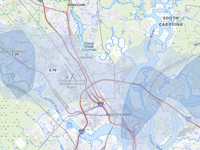 NEXRAD radar-signature map of the hail storm over Charleston, SC on Jul 8, 2026