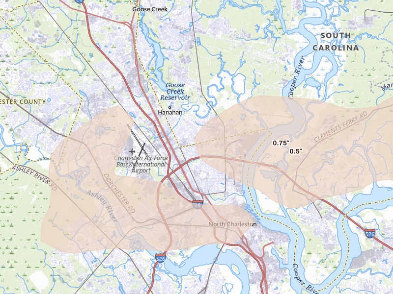 Radar-estimated hail-size map of the storm over Charleston, SC on Jul 10, 2026