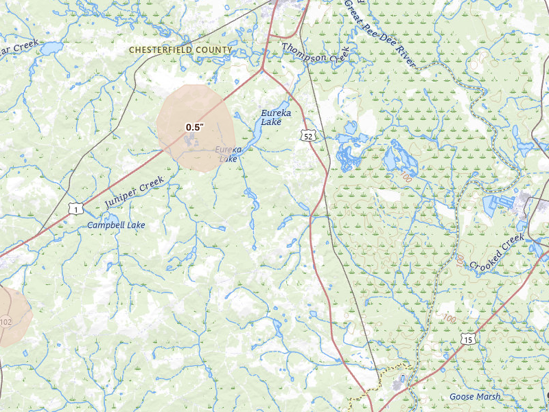 Radar-estimated hail-size map of the storm over Cheraw, SC on Jul 5, 2026