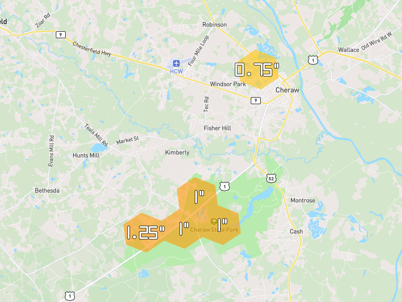 Hail map of Cheraw, SC on Jul 5, 2026, hail up to 1.25"