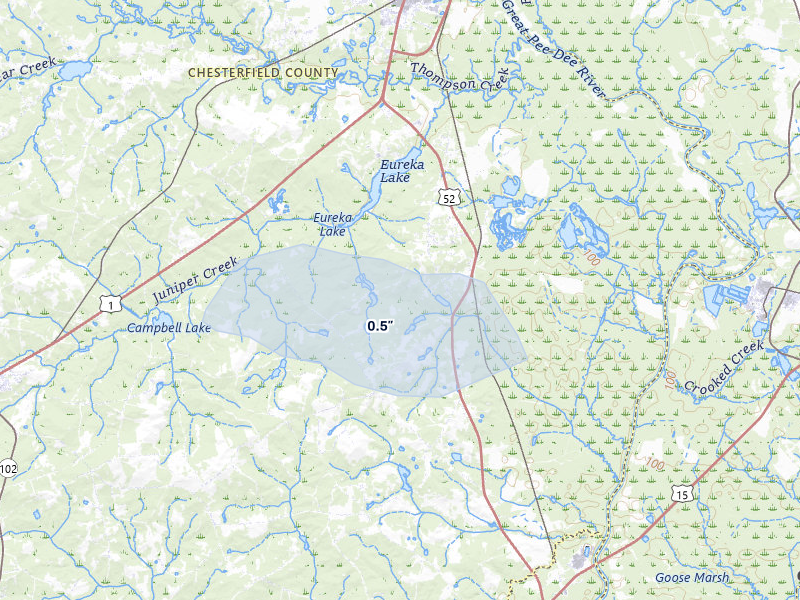 NEXRAD radar-signature map of the hail storm over Cheraw, SC on Jul 6, 2026