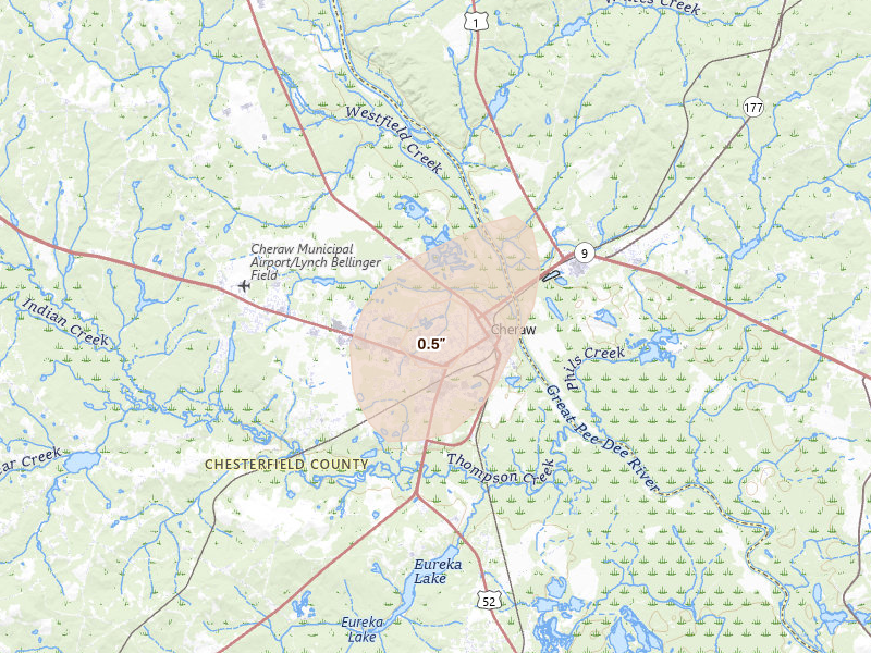 Radar-estimated hail-size map of the storm over Cheraw, SC on Aug 21, 2026