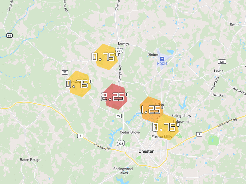 Hail map of Chester, SC on Jun 1, 2026, hail up to 2.25"