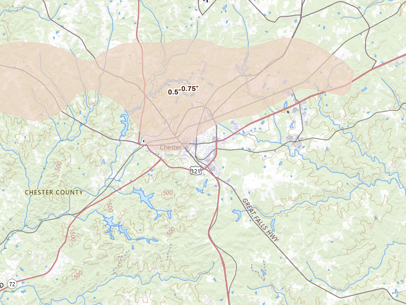 Radar-estimated hail-size map of the storm over Chester, SC on Aug 21, 2026