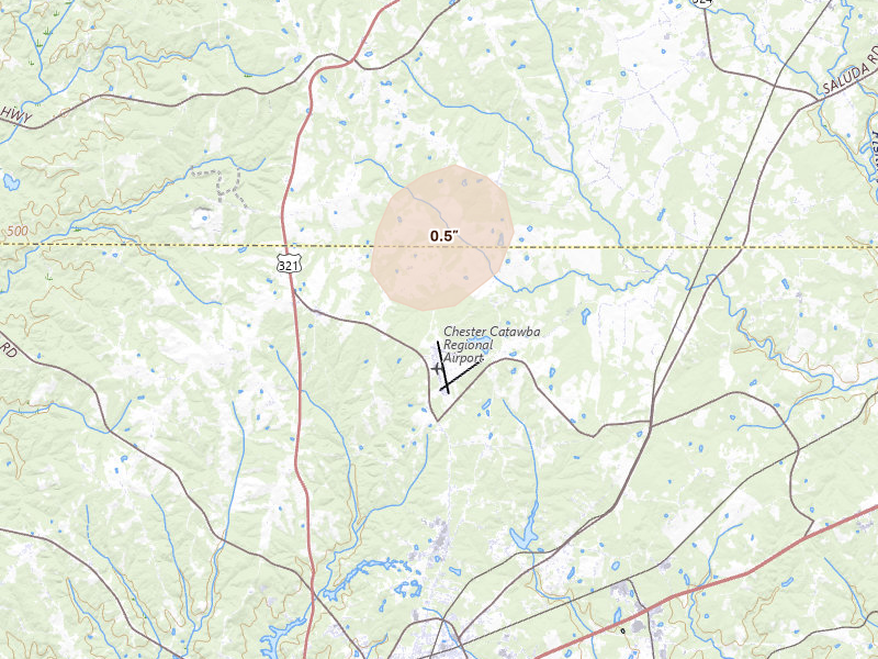 Radar-estimated hail-size map of the storm over Chester, SC on Aug 28, 2026