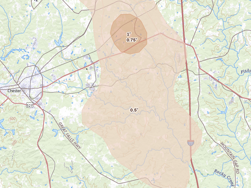 Radar-estimated hail-size map of the storm over Chester, SC