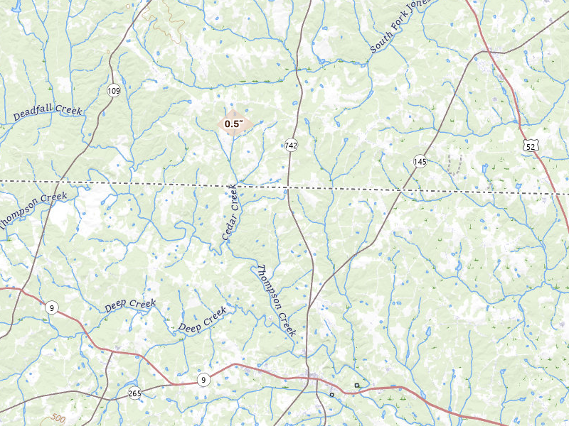Radar-estimated hail-size map of the storm over Chesterfield, SC on Jul 10, 2026