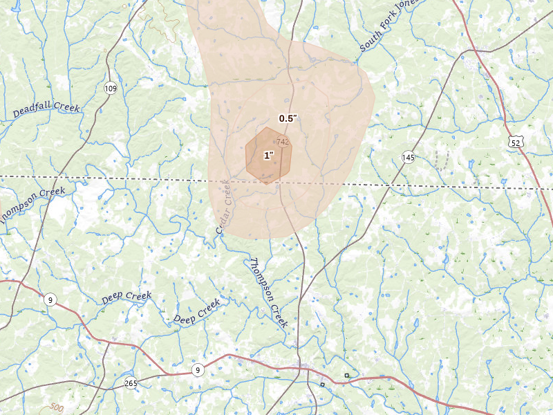 Radar-estimated hail-size map of the storm over Chesterfield, SC on Aug 21, 2026