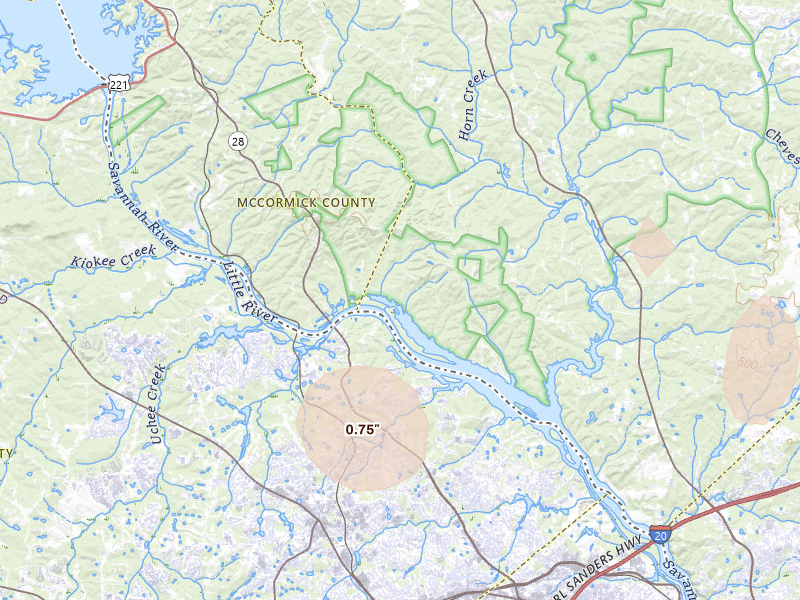 Radar-estimated hail-size map of the storm over Clarks Hill, SC on Aug 14, 2026
