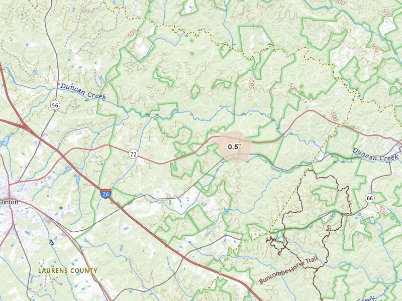 Radar-estimated hail-size map of the storm over Clinton, SC on Jul 10, 2026