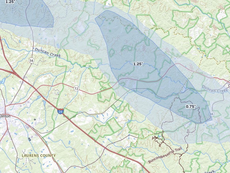 NEXRAD radar-signature map of the hail storm over Clinton, SC on Jul 12, 2026