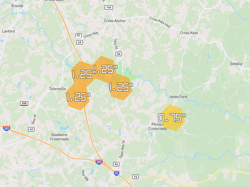 Hail map of Clinton, SC on Jul 12, 2026, hail up to 1.25"