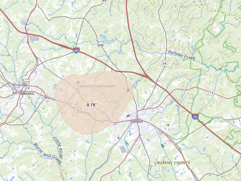 Radar-estimated hail-size map of the storm over Clinton, SC on Aug 12, 2026