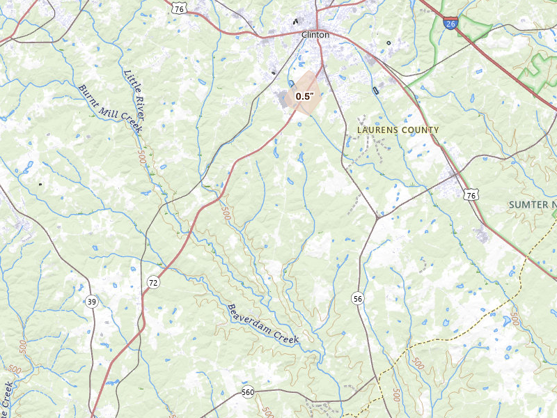 Radar-estimated hail-size map of the storm over Clinton, SC on Aug 15, 2026