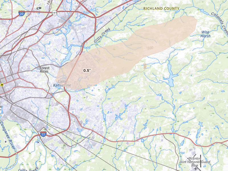 Radar-estimated hail-size map of the storm over Columbia, SC on Jun 18, 2026