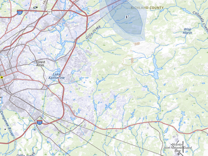 NEXRAD radar-signature map of the hail storm over Columbia, SC on Jul 5, 2026