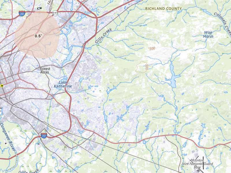 Radar-estimated hail-size map of the storm over Columbia, SC on Jul 6, 2026