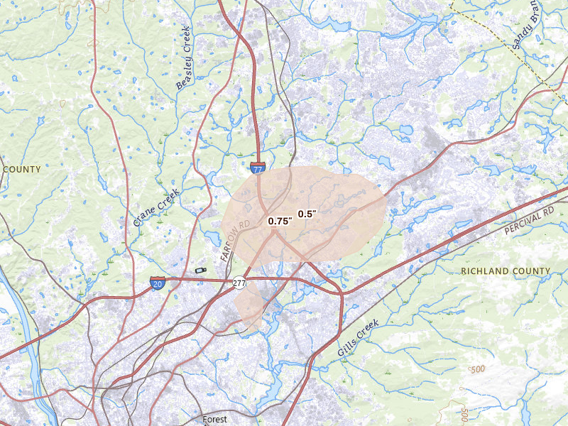 Radar-estimated hail-size map of the storm over Columbia, SC on Aug 10, 2026
