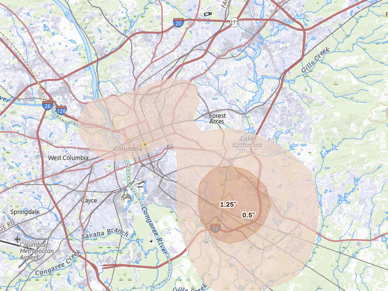 Radar-estimated hail-size map of the storm over Columbia, SC