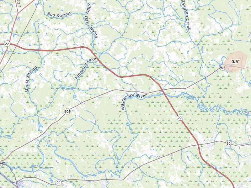 Radar-estimated hail-size map of the storm over Conway, SC on Jun 14, 2026
