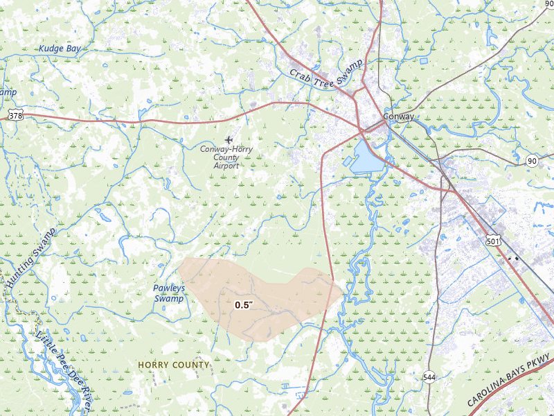 Radar-estimated hail-size map of the storm over Conway, SC on Aug 15, 2026