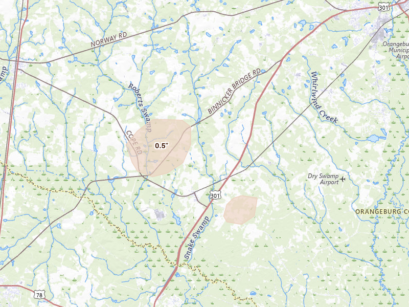 Radar-estimated hail-size map of the storm over Cope, SC on Jul 5, 2026