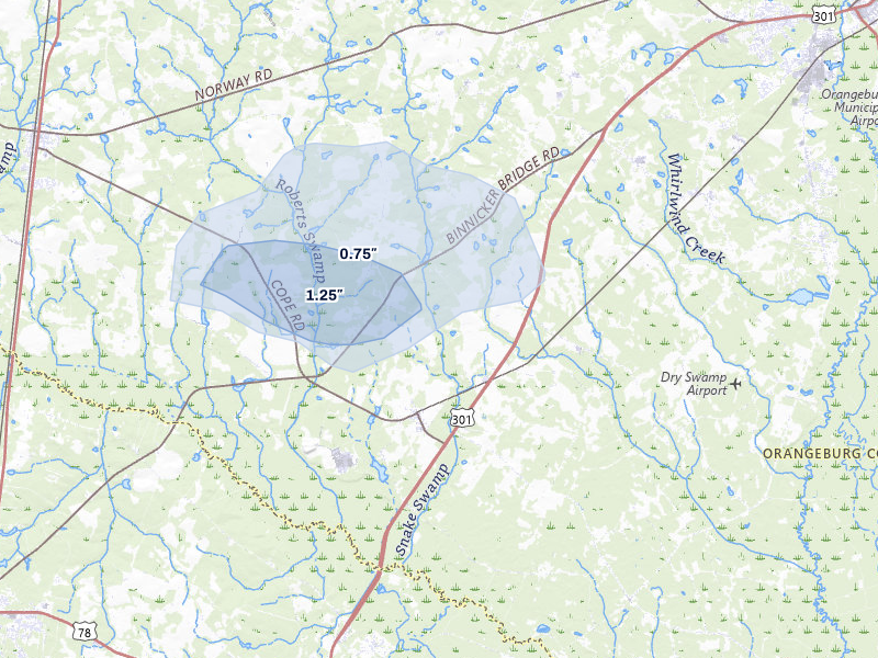 NEXRAD radar-signature map of the hail storm over Cope, SC on Jul 5, 2026