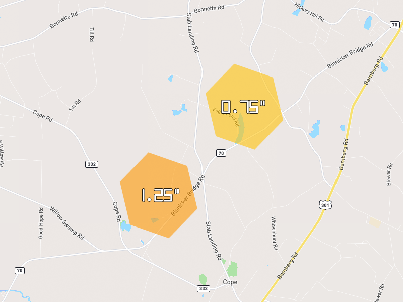 Hail map of Cope, SC on Jul 5, 2026, hail up to 1.25"