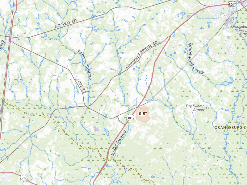 Radar-estimated hail-size map of the storm over Cope, SC on Aug 16, 2026
