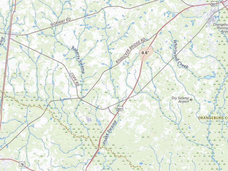 Radar-estimated hail-size map of the storm over Cope, SC on Aug 21, 2026