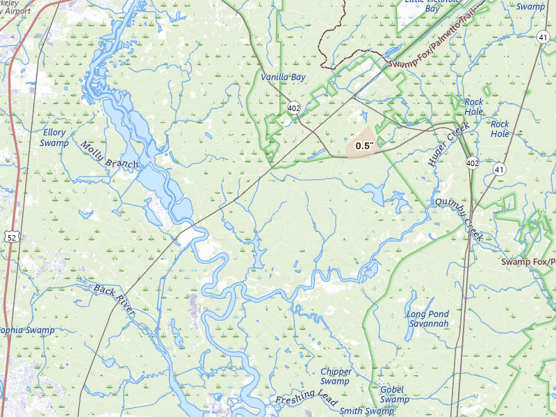 Radar-estimated hail-size map of the storm over Cordesville, SC on Jun 27, 2026