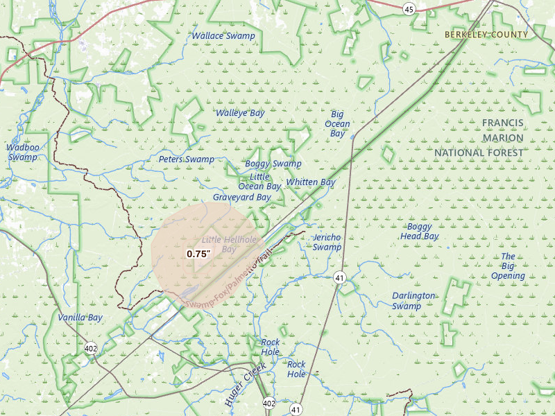Radar-estimated hail-size map of the storm over Cordesville, SC on Aug 15, 2026