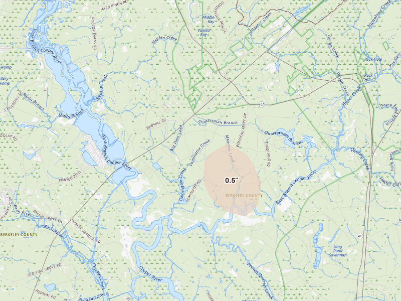Radar-estimated hail-size map of the storm over Cordesville, SC