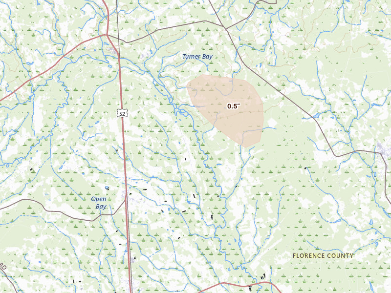 Radar-estimated hail-size map of the storm over Coward, SC on Aug 15, 2026