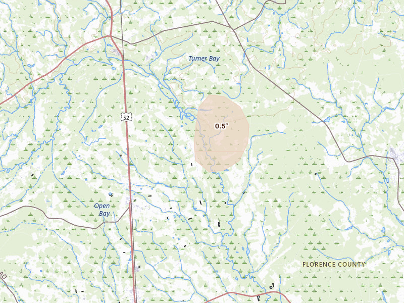 Radar-estimated hail-size map of the storm over Coward, SC on Aug 16, 2026