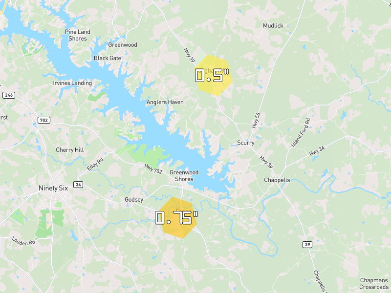 Hail map of Cross Hill, SC on Jul 2, 2026, hail up to 0.75"