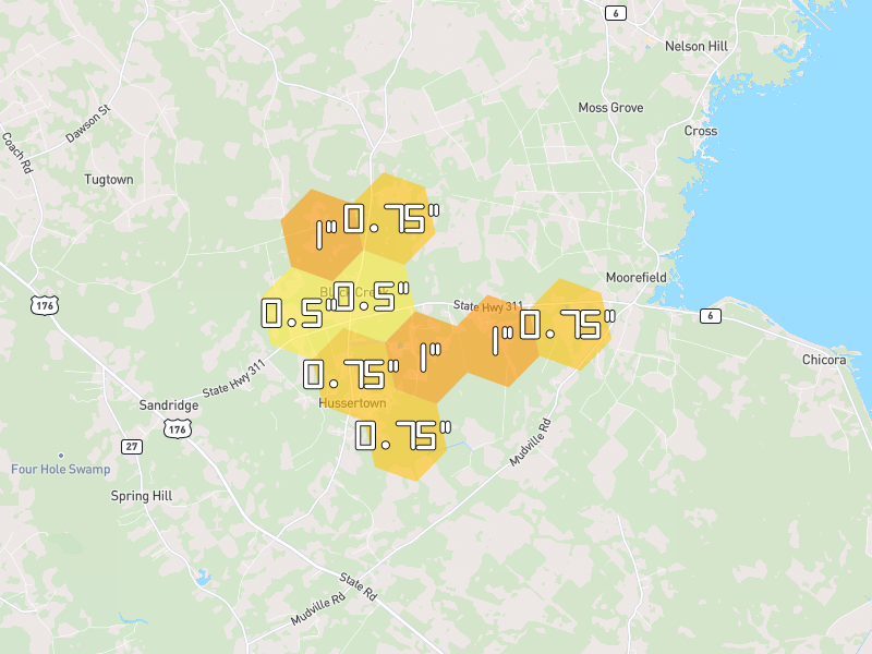 Hail map of Cross, SC on Jul 6, 2026, hail up to 1"